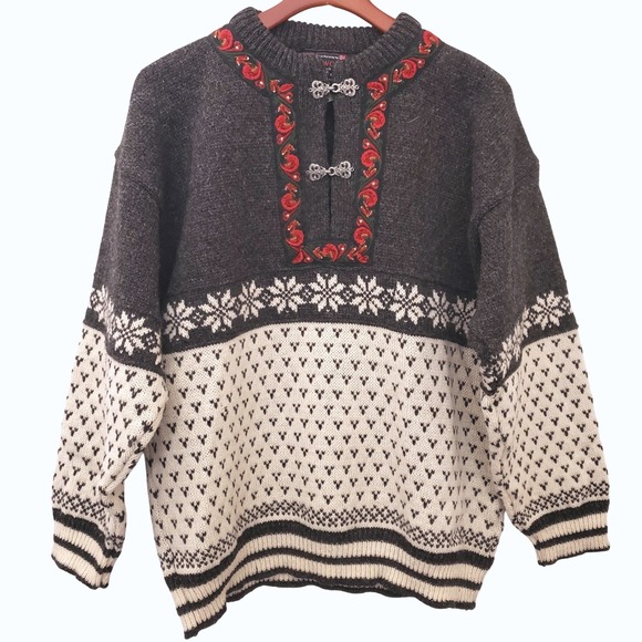 VTG Norwool of Norway Wool Sweater Large Nordic Snowflake Fair Isle Metal Clasps - Picture 1 of 8
